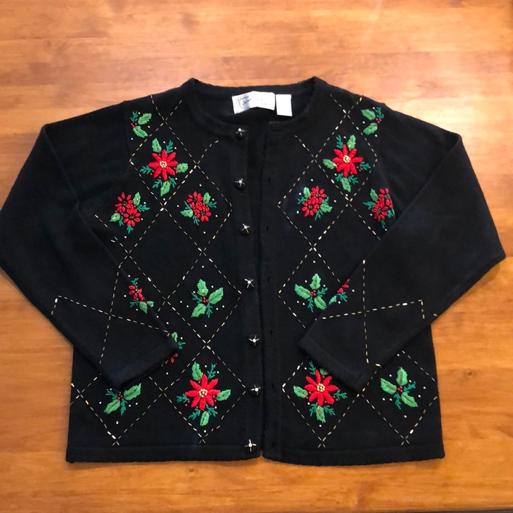 UGLY CHRISTMAS SWEATER So Pretty It’s Ugly Poinsettia Embroidered with Gold Bead